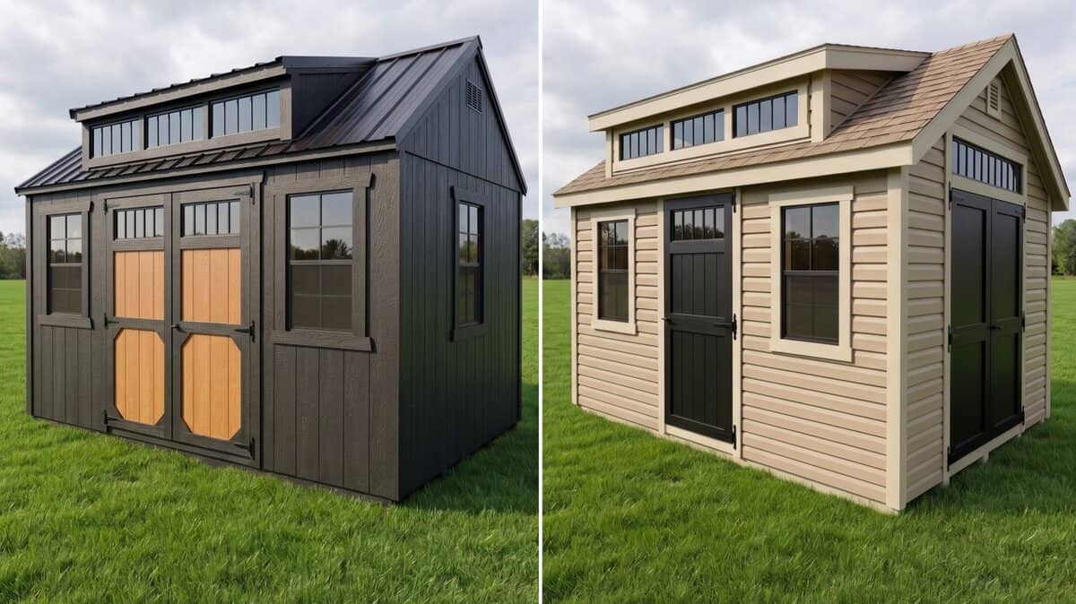 Dormer Window Wood Shed (Left) Vs. Ne Classic Transom Vinyl Shed (Right) Black Wood Vs. Khaki Vinyl Sheds Near Me