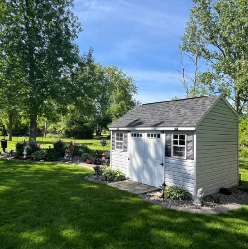 Customer Backyard Monterey 1 6.26 2 - Sturdi-Built Sheds 10X14 Vinyl Backyard Storage Shed Built By The Amish With White Doors