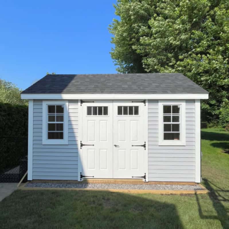Customer 10X14 Fr Ne Aframe Pc3 1 2 - Sturdi-Built Sheds 10X14 Vinyl Storage Shed With Transom Windows And White Doors